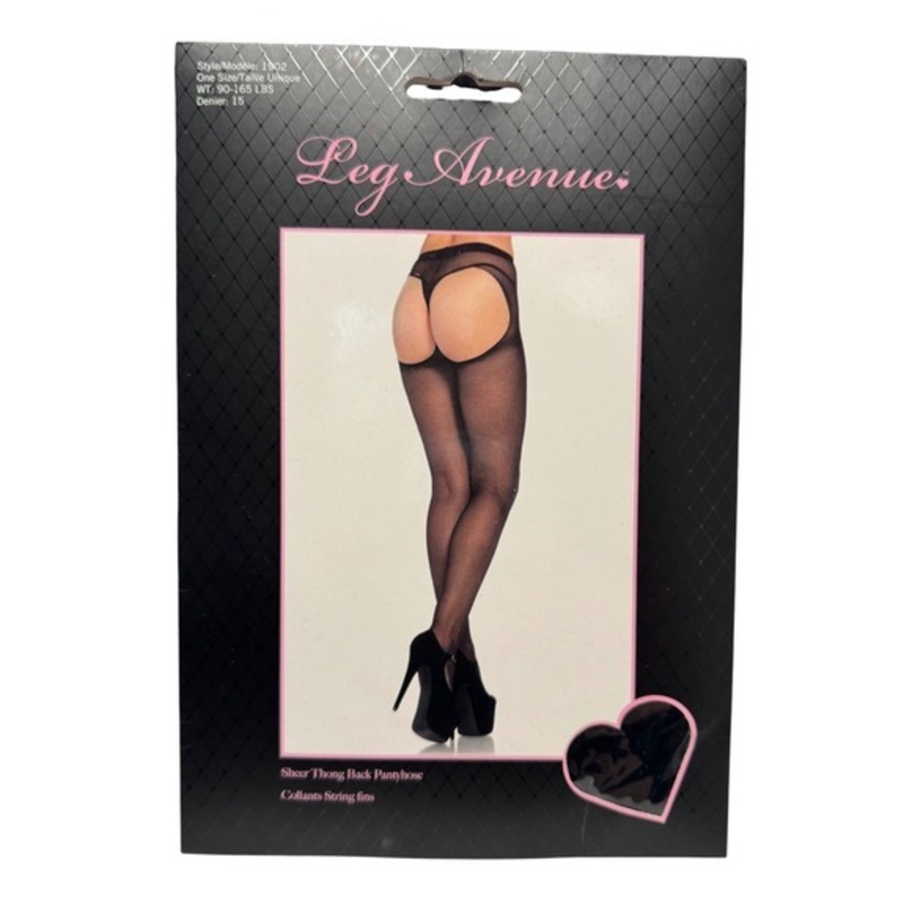 Leg Avenue 1902 Black Sheer Thong Back Pantyhose One Size 15 Denier NIP